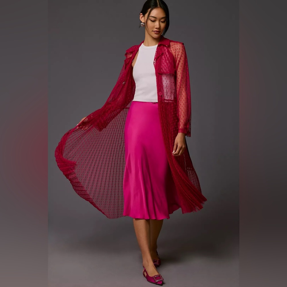 Anthropologie Fuchsia Sheer Dotted Trench Dress - Picture 2 of 16